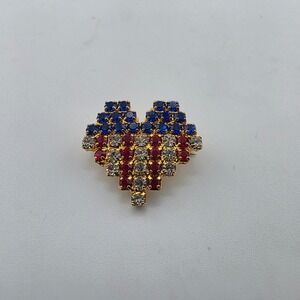 Vintage Patriotic Heart Rhinestone Brooch Pin USA Flag Red‎ White Blue